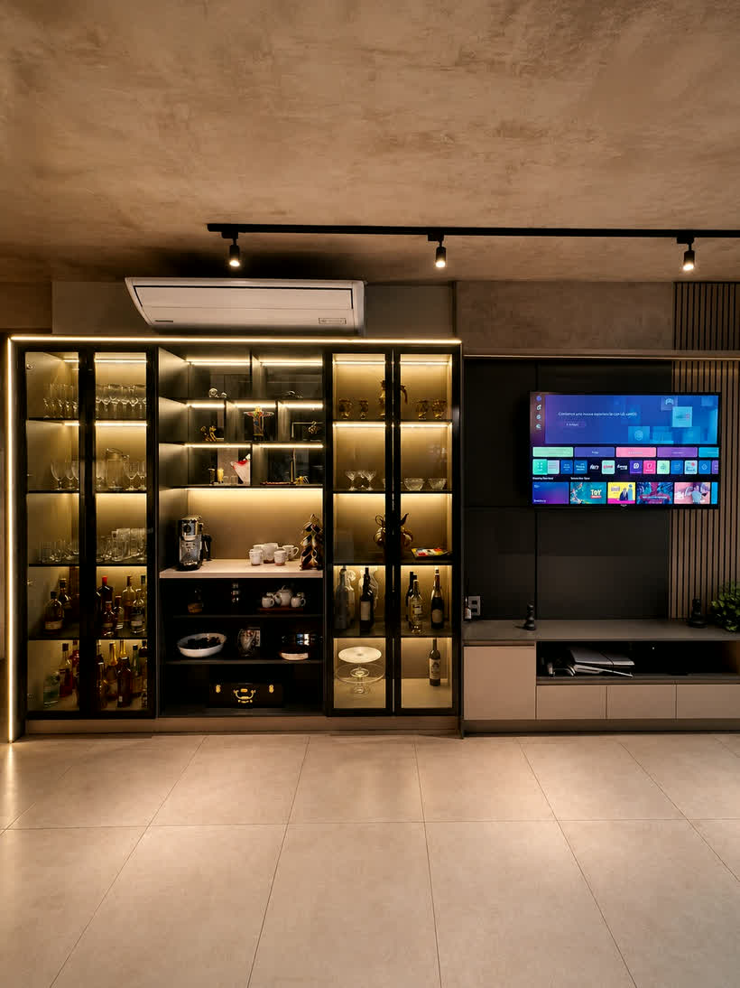 Living con bar y rack de TV
