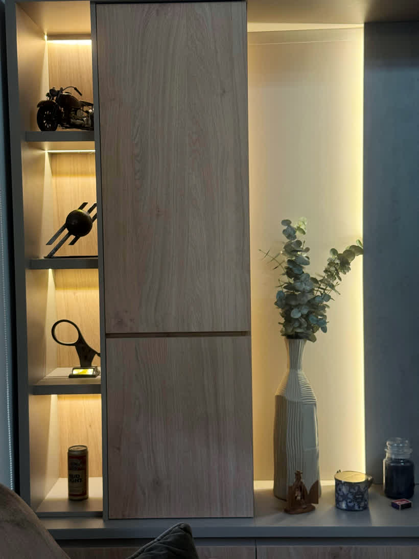 Placard de roble con estante iluminado